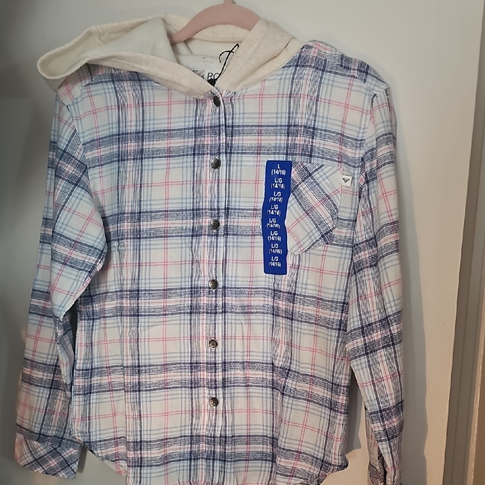 Roxy Kids Plaid Hooded Shirt - Blue and Pink
